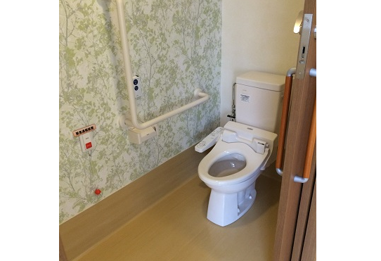 居室トイレ　バリアフリー設計の引き戸扉で清潔感のあるトイレを利用する事が出来ます。　（アイケアおおるり西美薗）