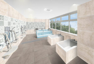 広い大浴場には大きな窓が設置され富士山を楽しみながら入浴ができます。（ガーデンテラス白尾台）