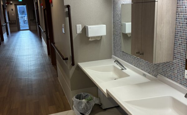 共用洗面。高さを変えています。車椅子の方にも丁度いい